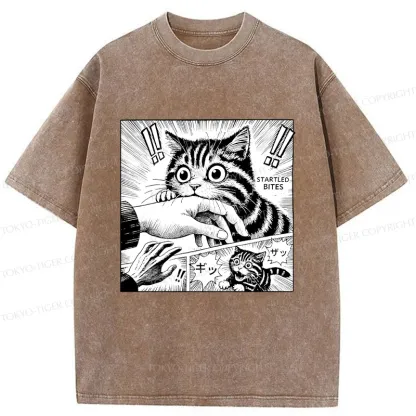 Tokyo-Tiger Cat Biting Funny Washed T-Shirt