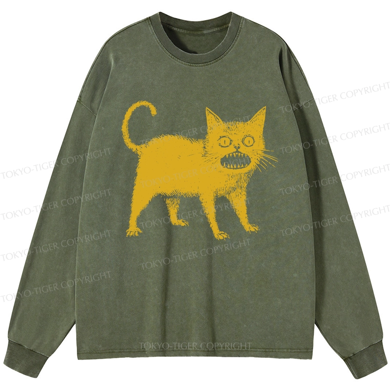 Tokyo-Tiger Horrible Japanese Cat Washed Long Sleeve T-Shirt