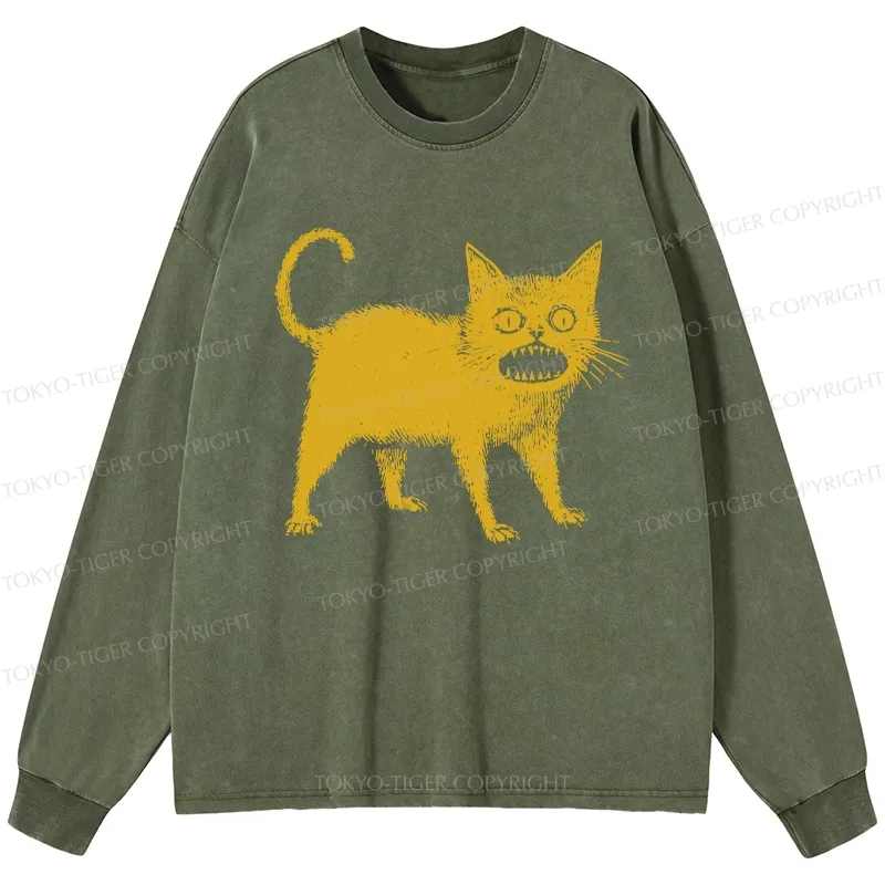 Tokyo-Tiger Horrible Japanese Cat Washed Long Sleeve T-Shirt
