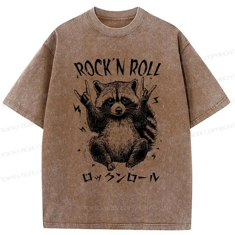 Tokyo-Tiger Funny Raccoon Rock And Roll Washed T-Shirt