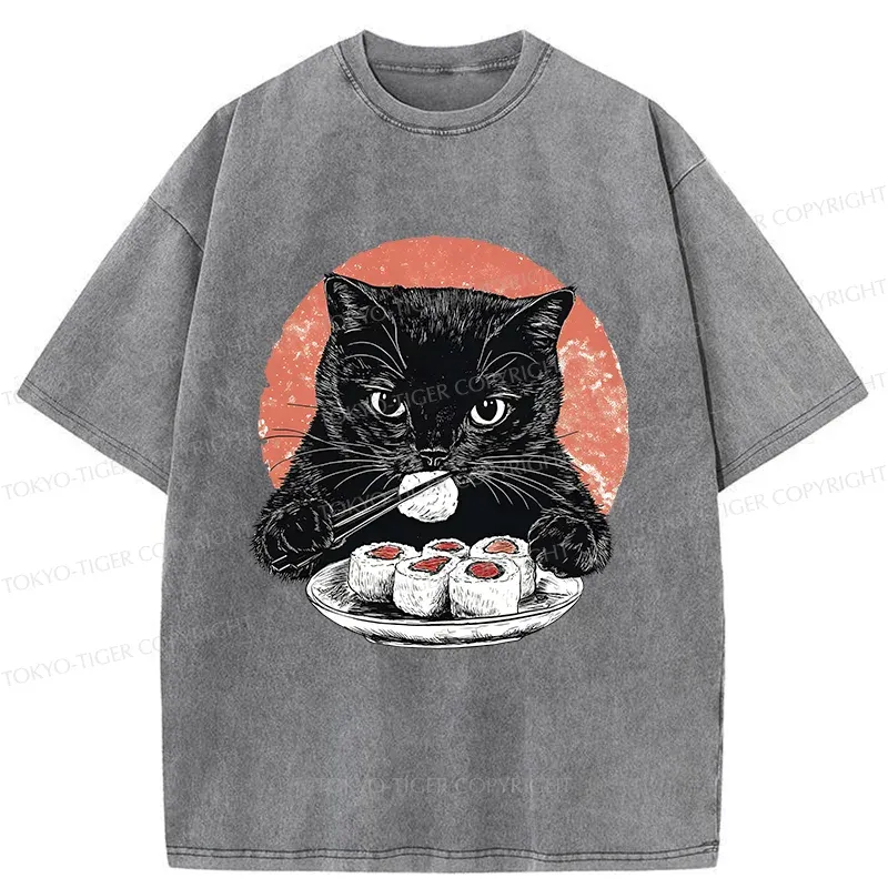 Tokyo-Tiger Cat Eating Delicious Sushi Washed T-Shirt
