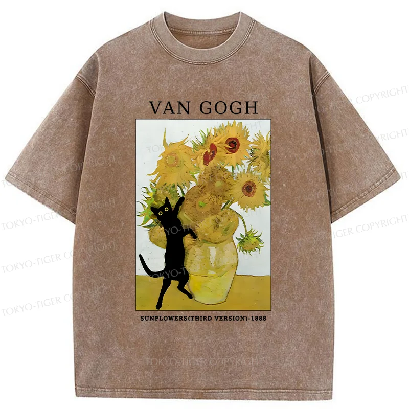 Tokyo-Tiger Cat Plays With Sunflowers Washed T-Shirt
