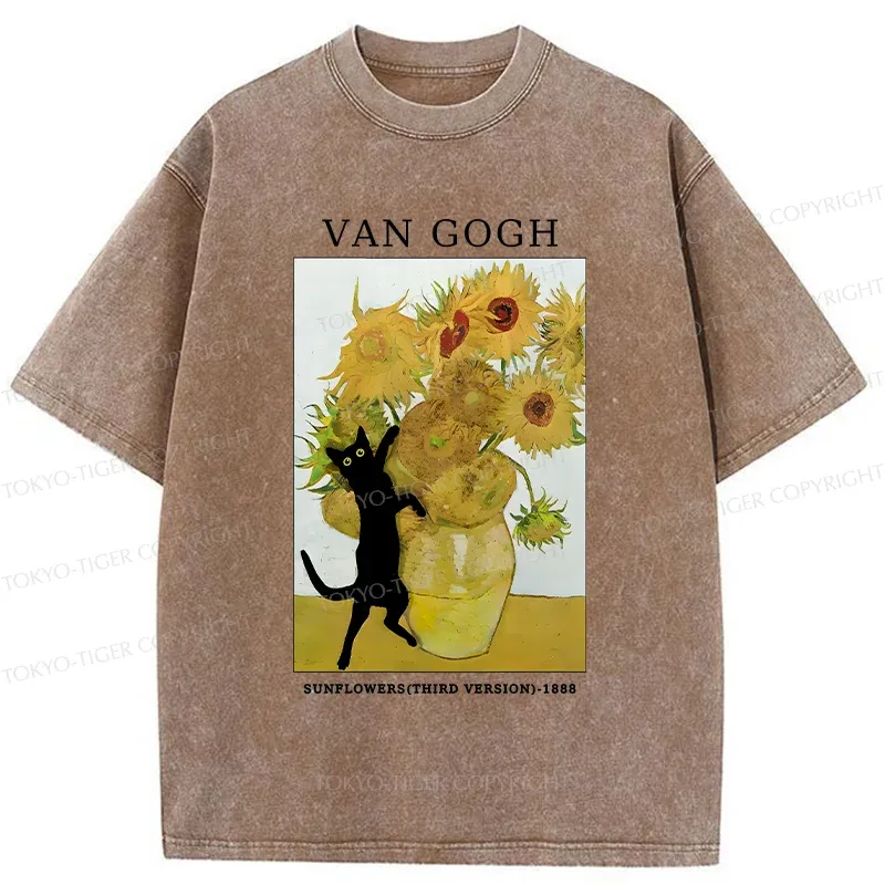 Tokyo-Tiger Cat Plays With Sunflowers Washed T-Shirt