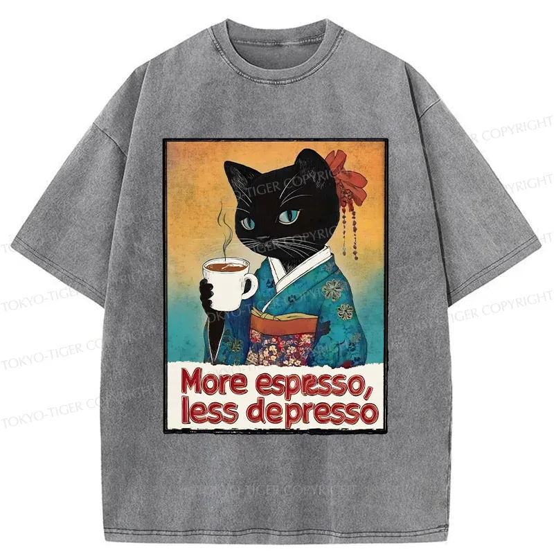 Tokyo-Tiger Japanese Cat Drinking Espresso Washed T-Shirt