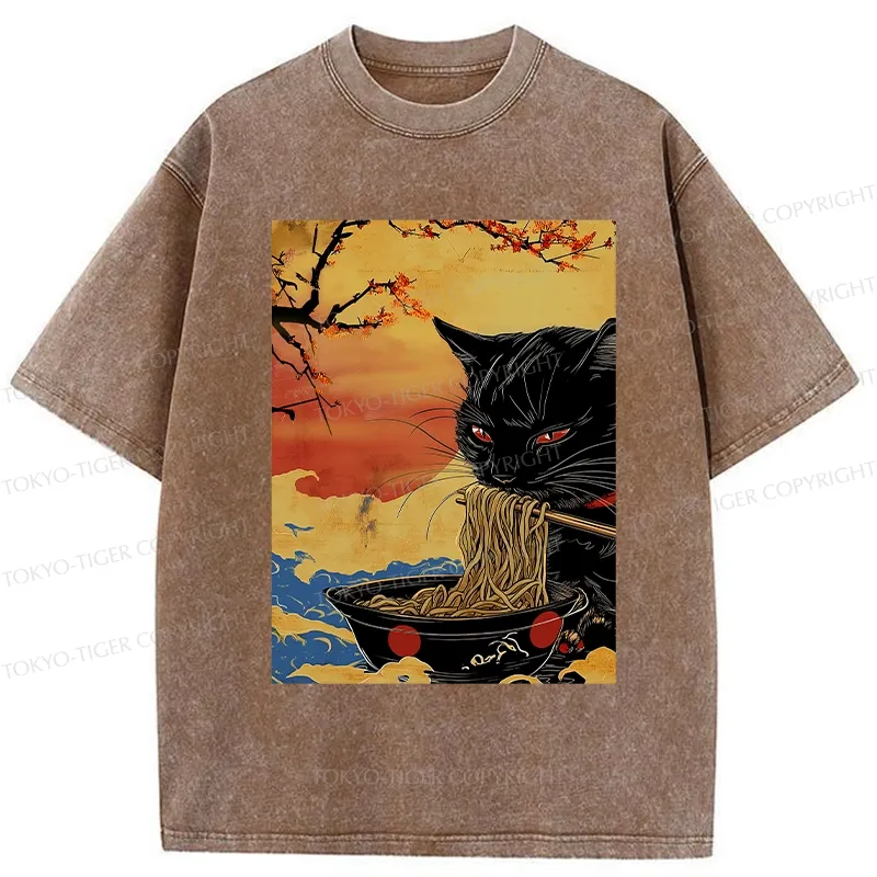 Tokyo-Tiger Cat Eating Ramen In The Sunset Washed T-Shirt