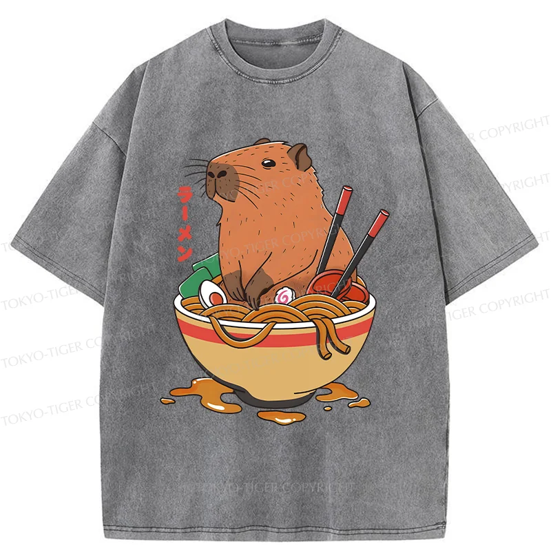 Tokyo-Tiger Capybara Ramen Funny Washed T-Shirt