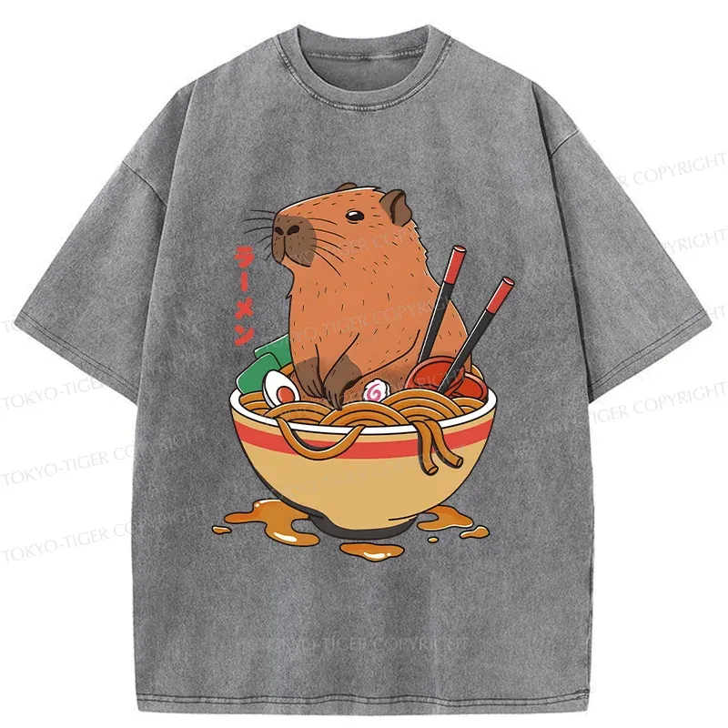 Tokyo-Tiger Capybara Ramen Funny Washed T-Shirt
