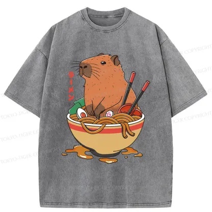 Tokyo-Tiger Capybara Ramen Funny Washed T-Shirt
