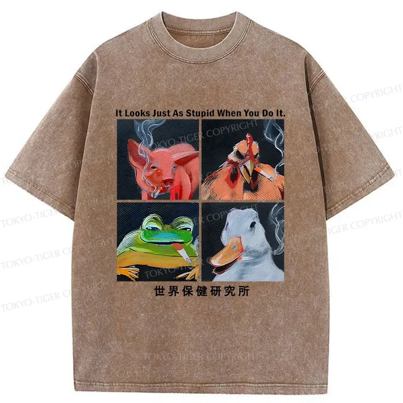 Tokyo-Tiger Smoking Animals Funny Washed T-Shirt
