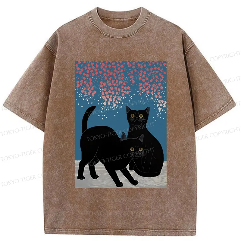 Tokyo-Tiger Black Cat Under The Sakura Washed T-Shirt