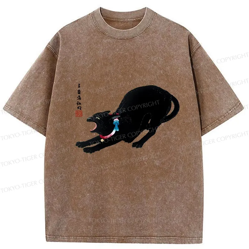 Tokyo-Tiger Cat Stretching Washed T-Shirt