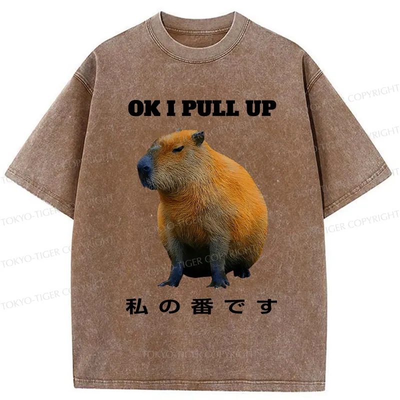Tokyo-Tiger Ok I Pull Up Funny Capybara Washed T-Shirt