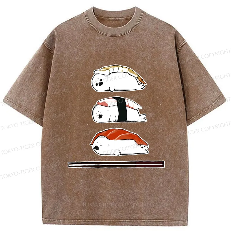 Tokyo-Tiger Cute Seal Sushi Washed T-Shirt