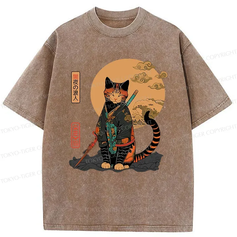 Tokyo-Tiger Retro Cat Samurai Washed T-Shirt