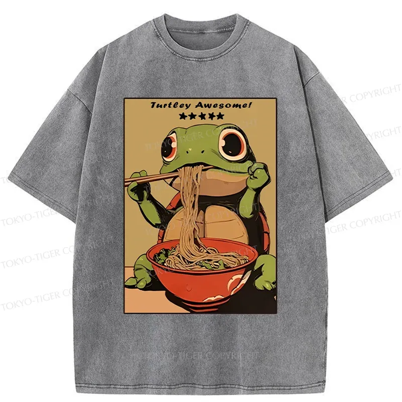 Tokyo-Tiger Turtle Eating Ramen Washed T-Shirt