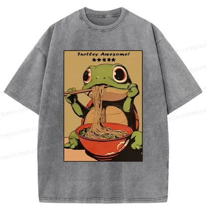 Tokyo-Tiger Turtle Eating Ramen Washed T-Shirt