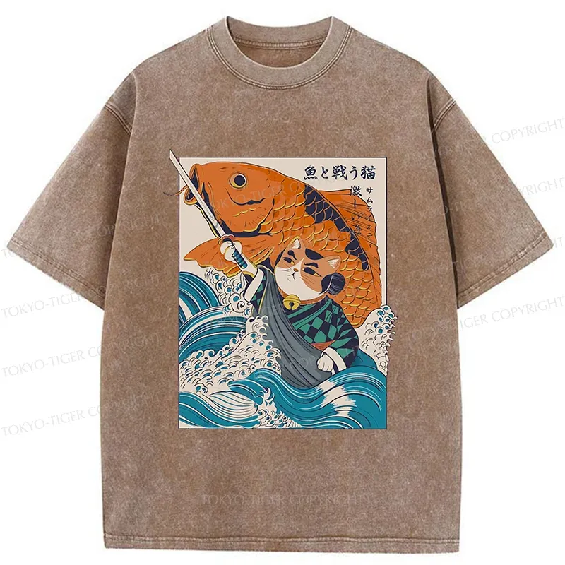 Tokyo-Tiger Samurai Cat And Goldfish Washed T-Shirt