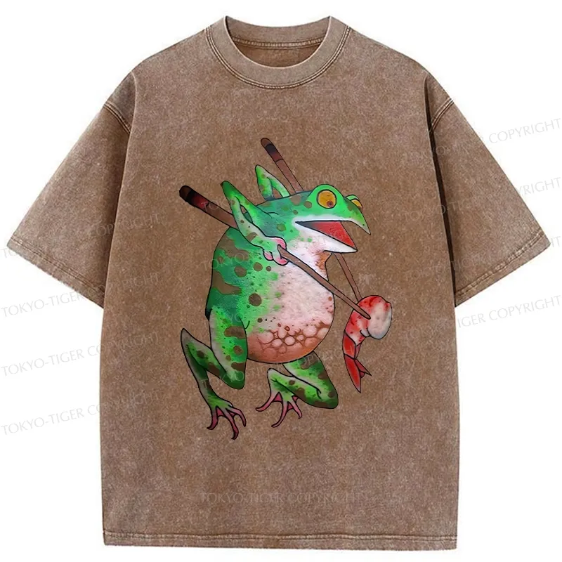 Tokyo-Tiger Funny Frog Picking Up Shrimp Washed T-Shirt