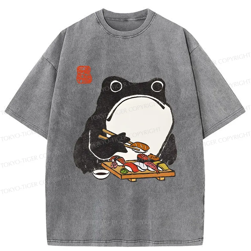 Tokyo-Tiger Frog Eating Sushi Washed T-Shirt