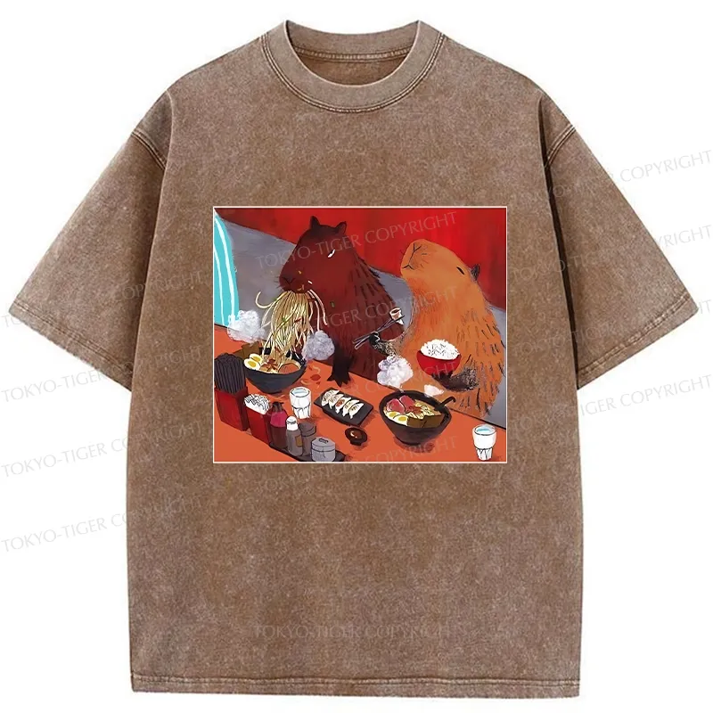 Tokyo-Tiger Ramen Lovers Capybara Funny Washed T-Shirt