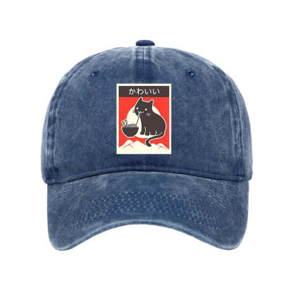 Tokyo-Tiger "Kawaii" Vintage Style Japenese Ramen Cat Washed Cap