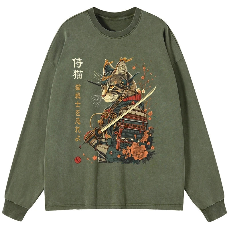 Tokyo-Tiger Cat Samurai Japanese Art Washed Long Sleeve T-Shirt