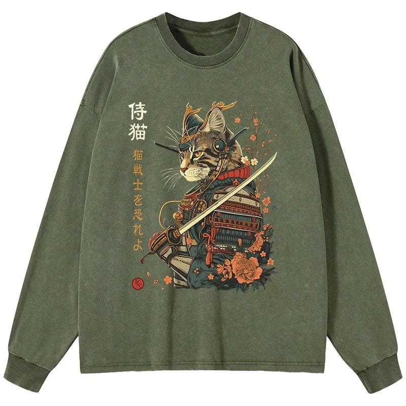 Tokyo-Tiger Cat Samurai Japanese Art Washed Long Sleeve T-Shirt