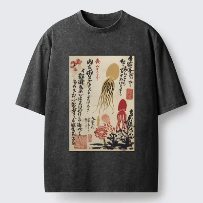 Tokyo-Tiger Ink Painting Octopus Ukiyoe Washed T-Shirt