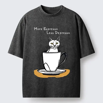 Tokyo-Tiger More Espresso Coffee Cat Washed T-Shirt