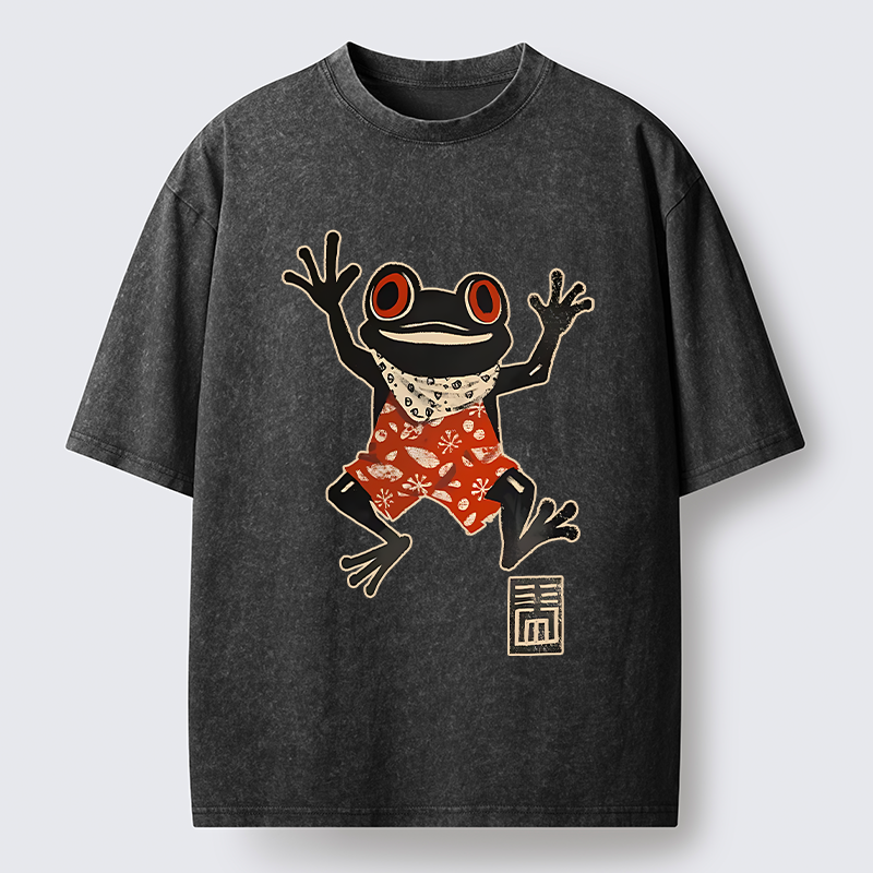 Tokyo-Tiger Japanese Happy Frog Ukiyoe Washed T-Shirt