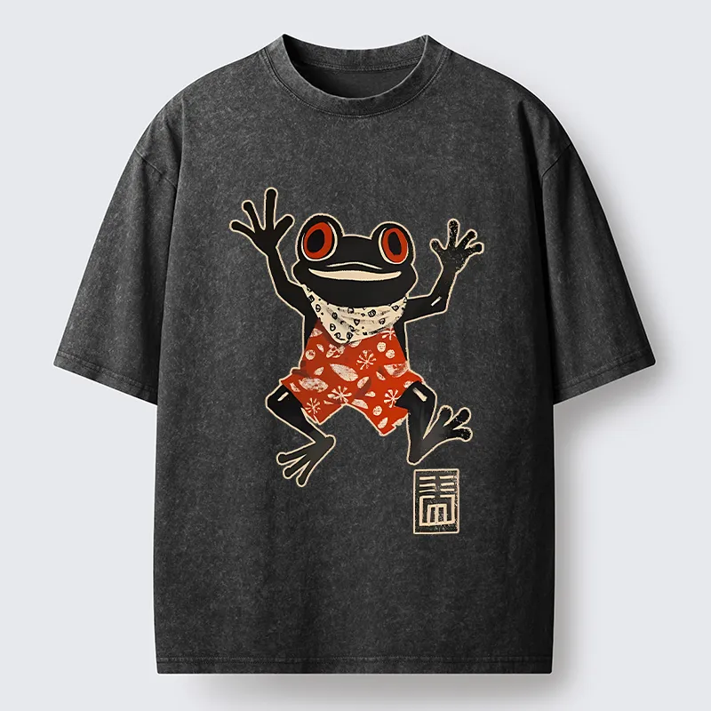 Tokyo-Tiger Japanese Happy Frog Ukiyoe Washed T-Shirt