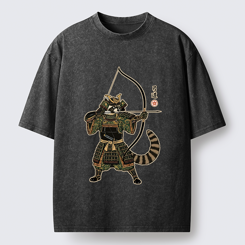 Tokyo-Tiger Kyudo Raccoon Samurai Washed T-Shirt