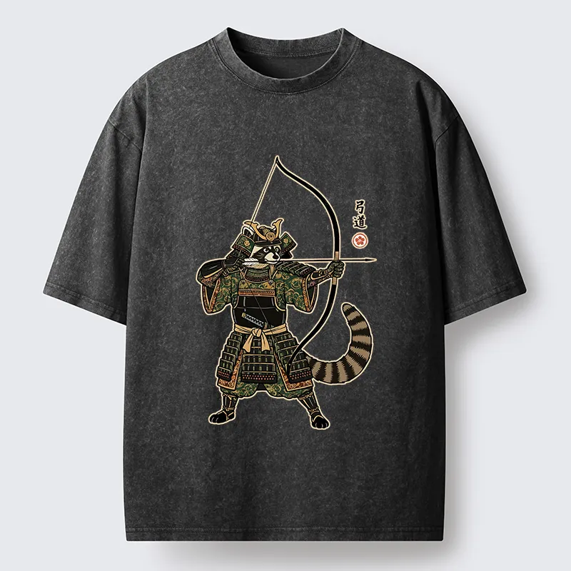 Tokyo-Tiger Kyudo Raccoon Samurai Washed T-Shirt