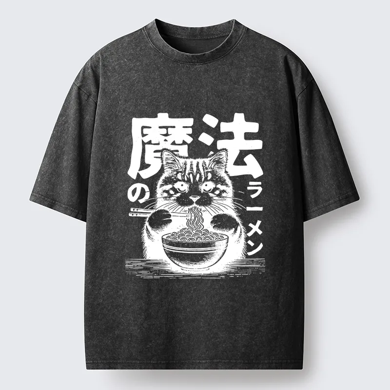 Tokyo-Tiger Cat Eating Magic Ramen Washed T-Shirt