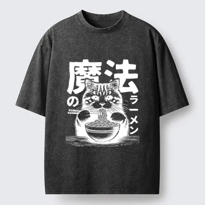 Tokyo-Tiger Cat Eating Magic Ramen Washed T-Shirt
