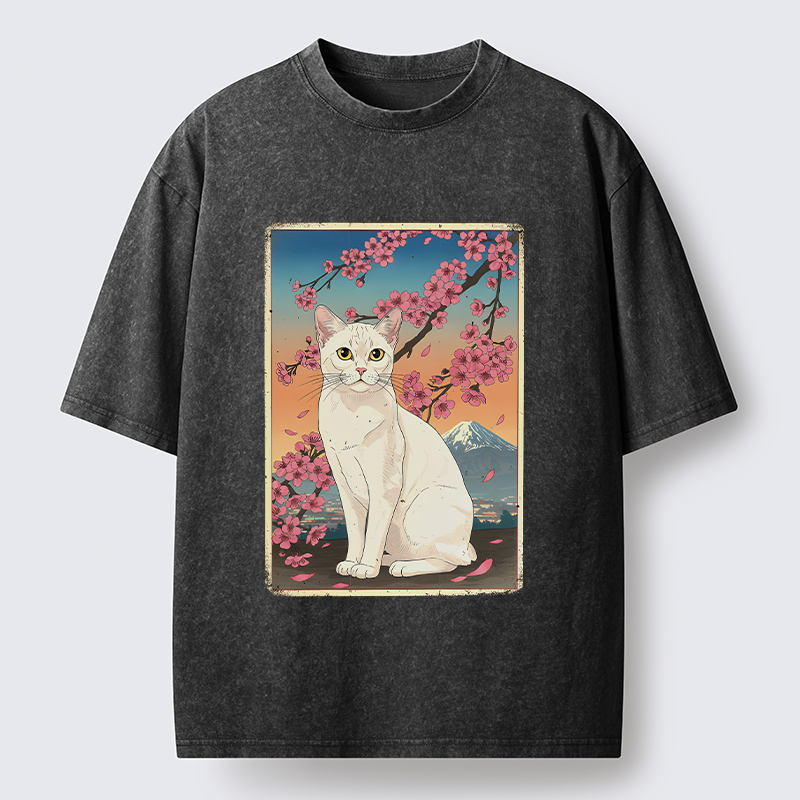 Tokyo-Tiger Sakura Fuji And Cat Japanese Art Washed T-Shirt