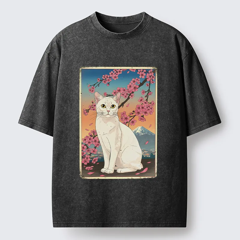 Tokyo-Tiger Sakura Fuji And Cat Japanese Art Washed T-Shirt