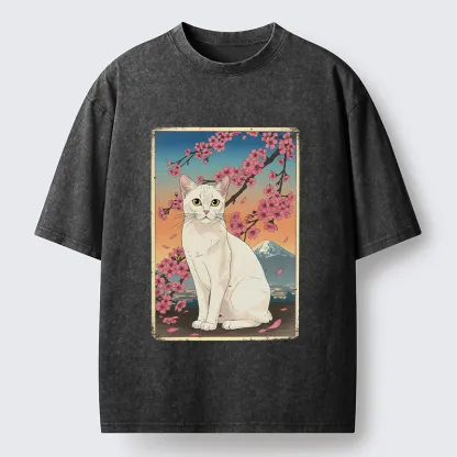 Tokyo-Tiger Sakura Fuji And Cat Japanese Art Washed T-Shirt