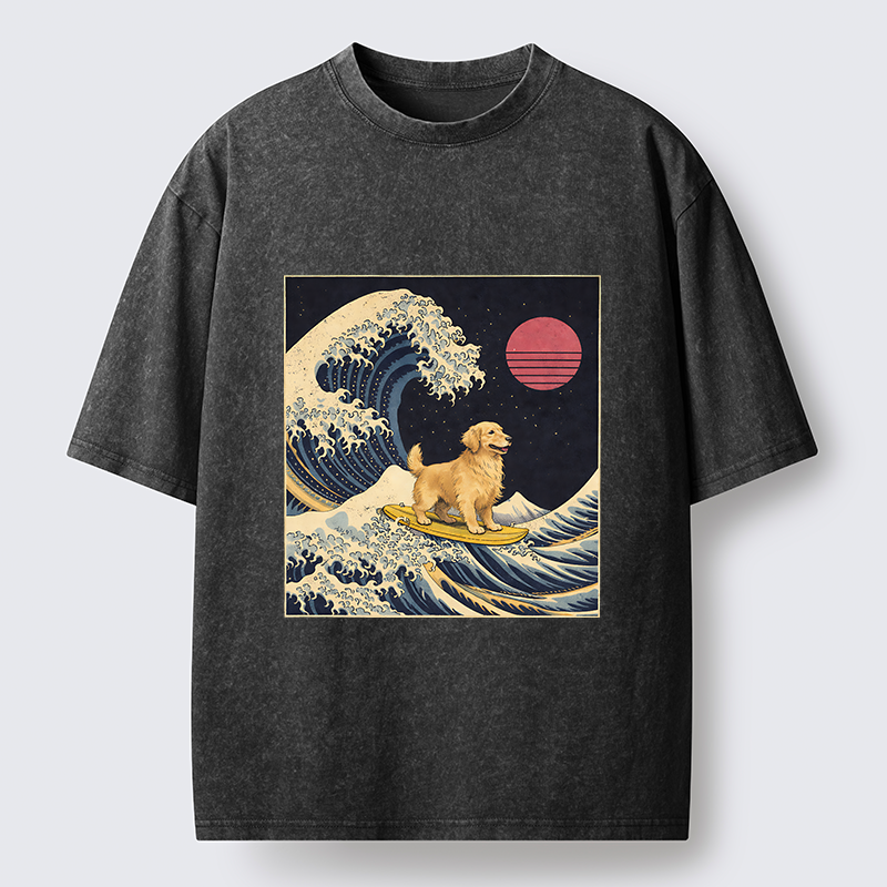Tokyo-Tiger The Great Wave Dog Funny Washed T-Shirt