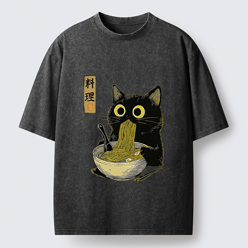 Tokyo-Tiger Japanese Black Cat Ramen Noodle Washed T-Shirt