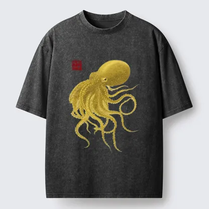 Tokyo-Tiger Woodblock Golden Octopus Washed T-Shirt
