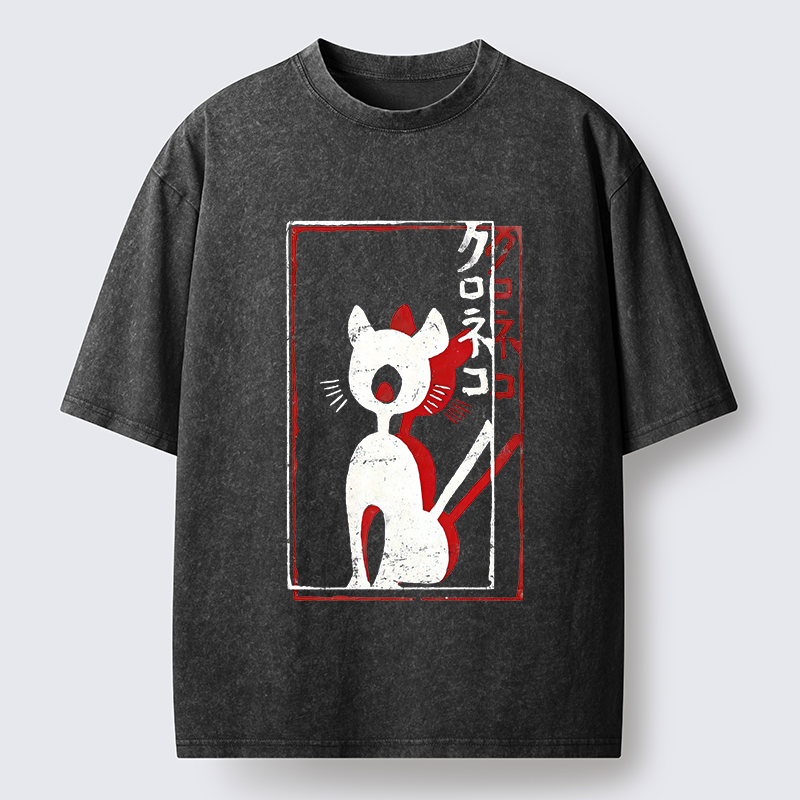 Tokyo-Tiger Japanese Retro Black Cat Poster Washed T-Shirt