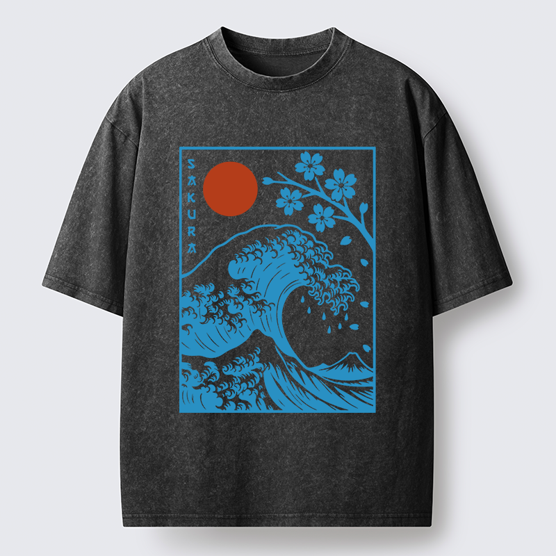 Tokyo-Tiger Japanese The Great Wave And Sakura Washed T-Shirt