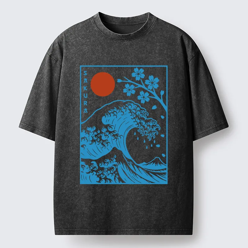 Tokyo-Tiger Japanese The Great Wave And Sakura Washed T-Shirt