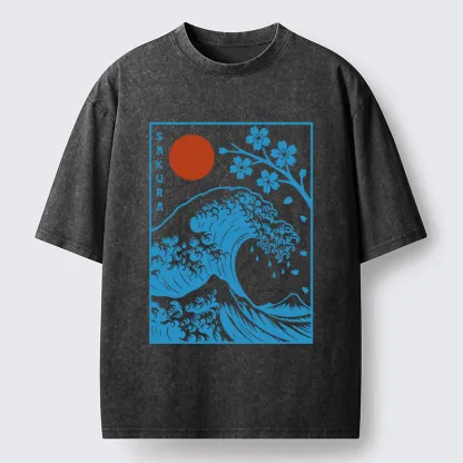 Tokyo-Tiger Japanese The Great Wave And Sakura Washed T-Shirt