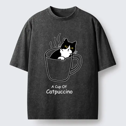 Tokyo-Tiger Catpuccino Cat Coffee Funny Washed T-Shirt