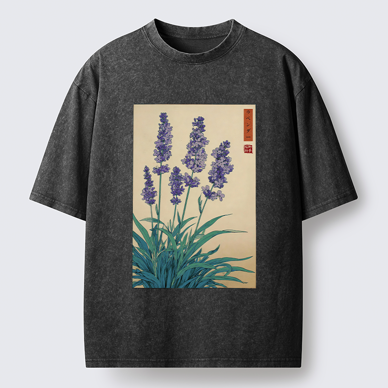 Tokyo-Tiger Japanese Art Lavender Flower Washed T-Shirt