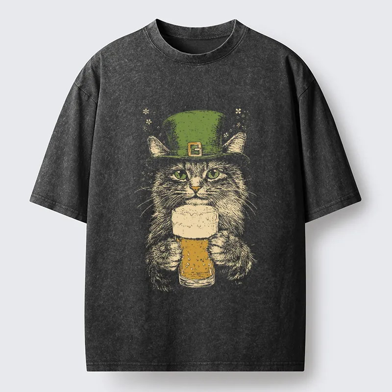 Tokyo-Tiger St Patrick's Day Drinking Cat Washed T-Shirt
