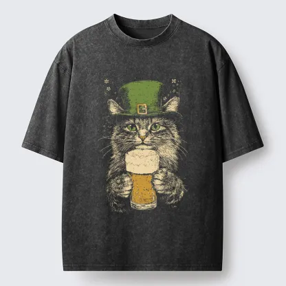 Tokyo-Tiger St Patrick's Day Drinking Cat Washed T-Shirt