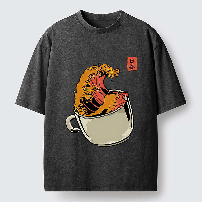 Tokyo-Tiger Japanese Wave Coffee Ukiyoe Washed T-Shirt